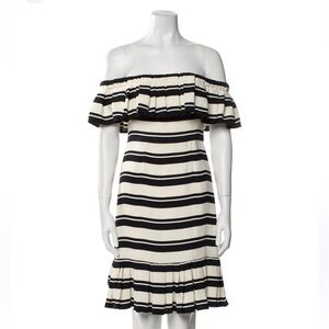 Halston Striped Off‎ The Shoulder Ruffle Dress Black Cream Size 12